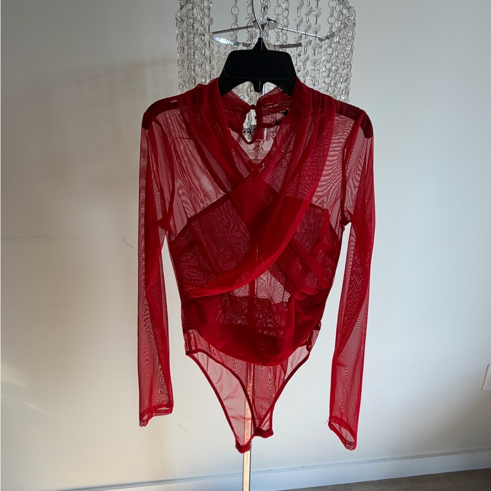 Sheer Red Long-Sleeve Bodysuit - Unbranded